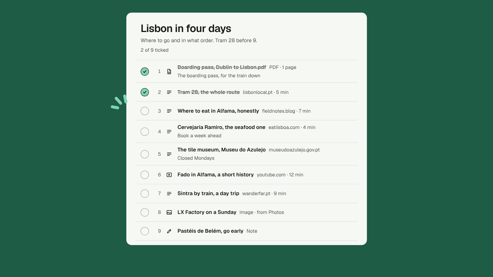 A Pluck list for a trip, in order, with a note on each item.