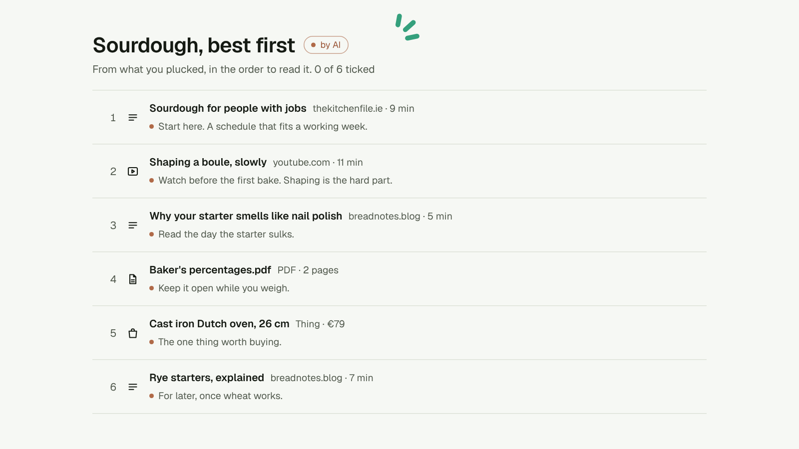 A Pluck list made by an AI tool, with the by AI mark in clay.