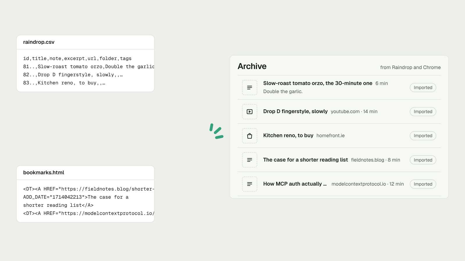 A Raindrop CSV and a browser's bookmarks file arriving in one Pluck Archive.