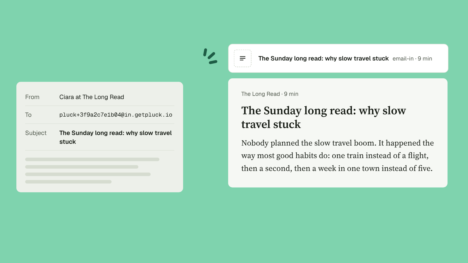 A forwarded newsletter arriving in Pluck as a Read item.