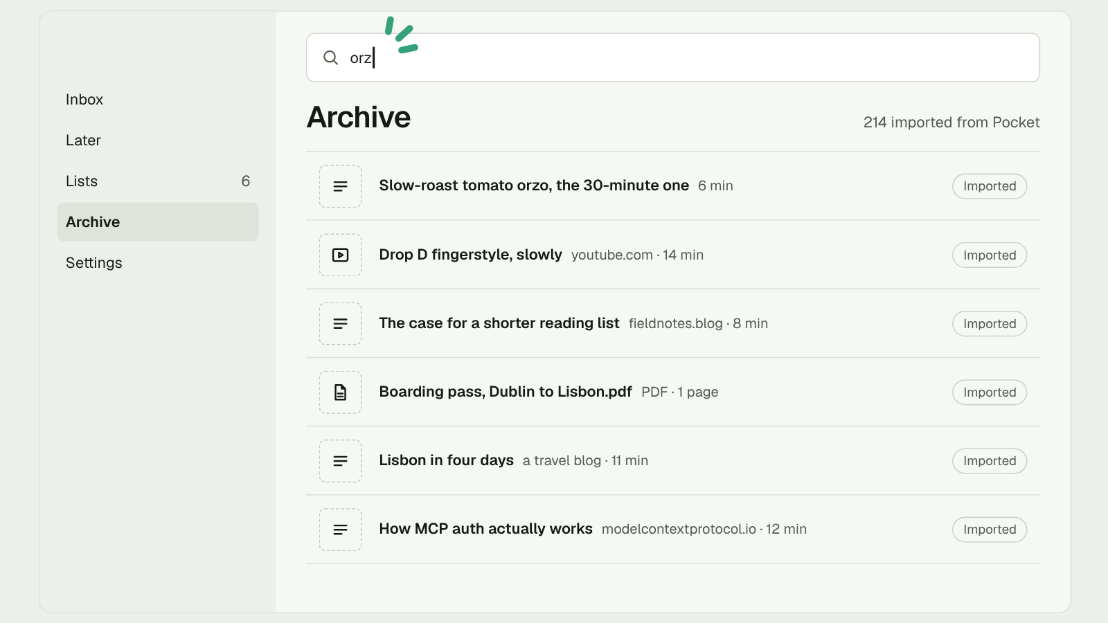 The Pluck Archive after an import, every item marked Imported, with the Inbox empty.