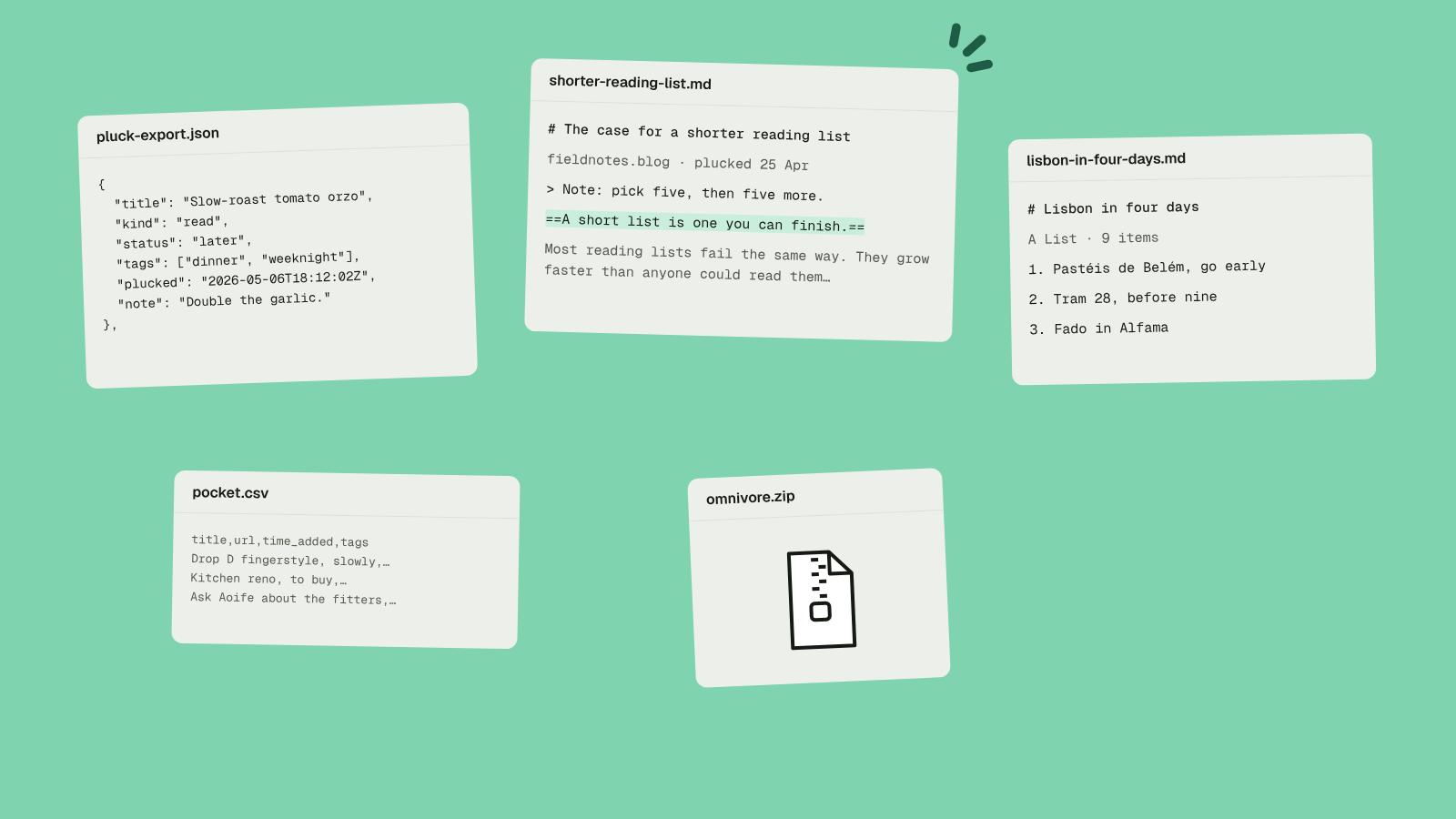 A library leaving an app as files you can open: JSON, Markdown, a CSV and a zip.